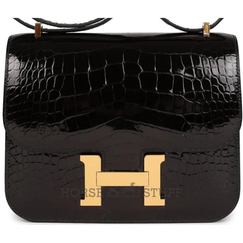 HERMÈS Constance Mini 18 Black Shiny Crocodile Alligator GHW