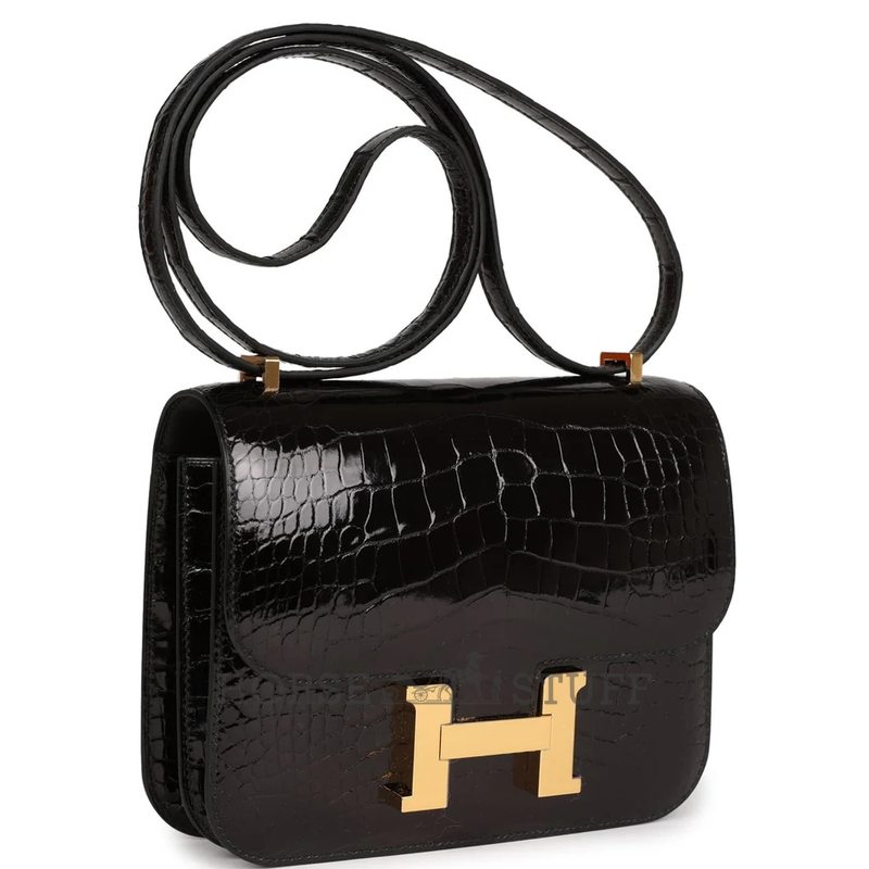 HERMÈS Constance Mini 18 Black Shiny Crocodile Alligator GHW