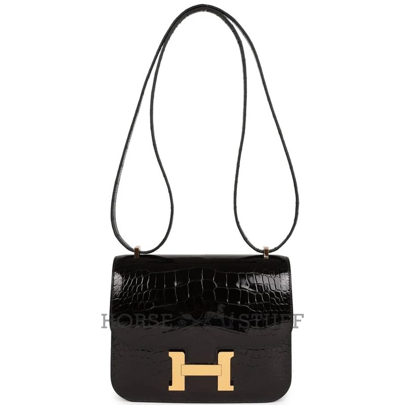 HERMÈS Constance Mini 18 Black Shiny Crocodile Alligator GHW