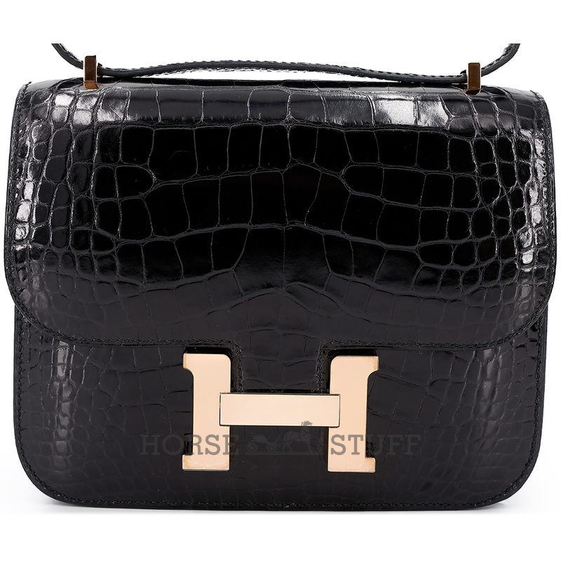 HERMÈS Constance Mini 18 Black Shiny Crocodile Alligator RGHW