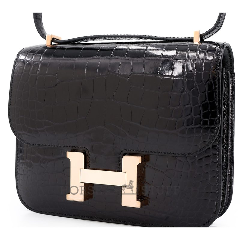 HERMÈS Constance Mini 18 Black Shiny Crocodile Alligator RGHW