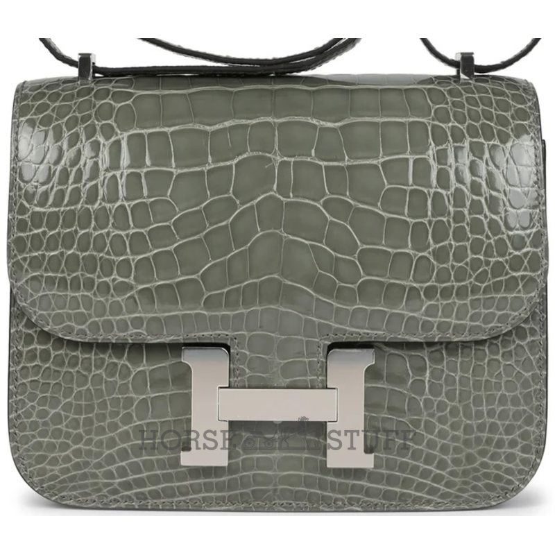 HERMÈS Constance Mini 18 Gris Ciment Shiny Crocodile Alligator PHW