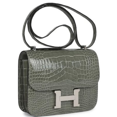 HERMÈS Constance Mini 18 Gris Ciment Shiny Crocodile Alligator PHW
