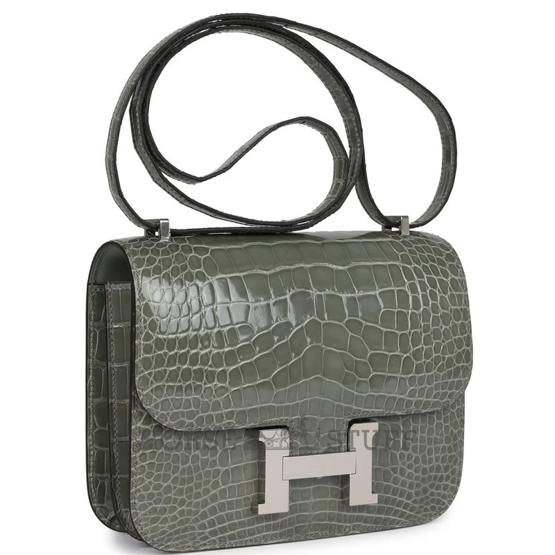 HERMÈS Constance Mini 18 Gris Ciment Shiny Crocodile Alligator PHW
