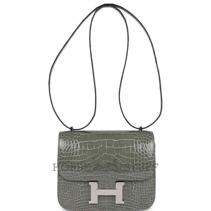 HERMÈS Constance Mini 18 Gris Ciment Shiny Crocodile Alligator PHW