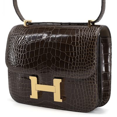 HERMÈS Constance Mini 18 Gris Elephant Shiny Crocodile Alligator GHW