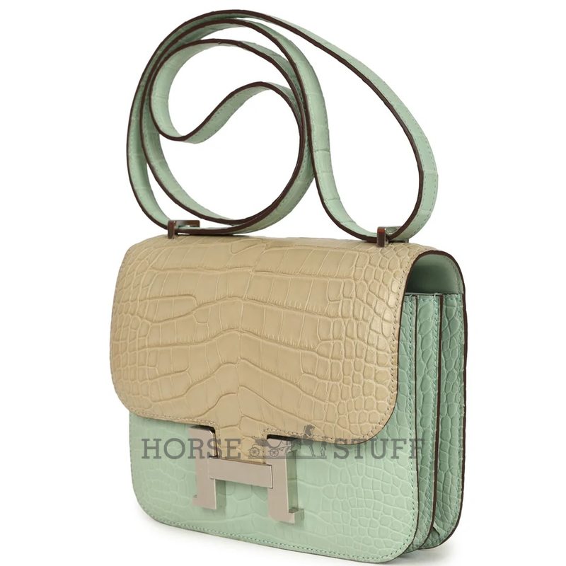 HERMÈS Constance Mini 18 Vert d'Eau / Trench Matte Crocodile Alligator PHW