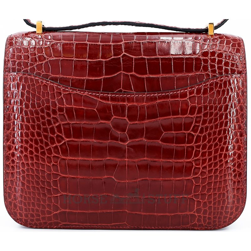 HERMÈS Constance Mini 18 Bordeaux Shiny Crocodile Alligator with Aizome Shiny Lizard GHW