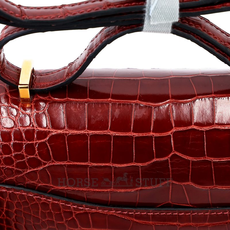HERMÈS Constance Mini 18 Bordeaux Shiny Crocodile Alligator with Aizome Shiny Lizard GHW