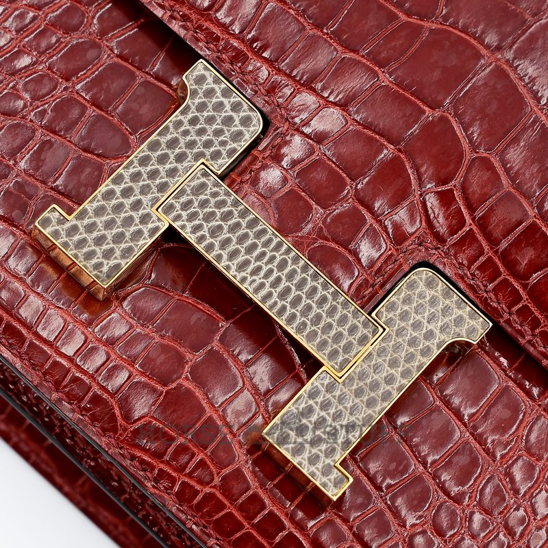 HERMÈS Constance Mini 18 Bordeaux Shiny Crocodile Alligator with Aizome Shiny Lizard GHW