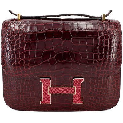HERMÈS Constance Mini 18 Bourgogne Shiny Crocodile Alligator with Rouge Moyen Shiny Lizard GHW
