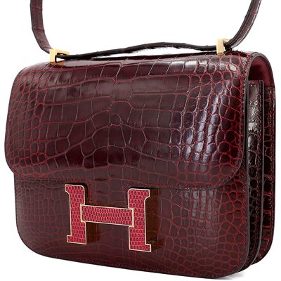 HERMÈS Constance Mini 18 Bourgogne Shiny Crocodile Alligator with Rouge Moyen Shiny Lizard GHW