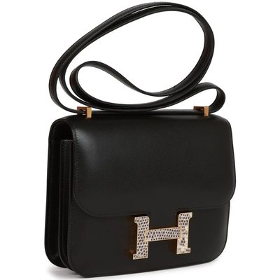 HERMÈS Constance Mini 18 Black Box Calf with Ombre Shiny Salvator Varanus Lizard GHW