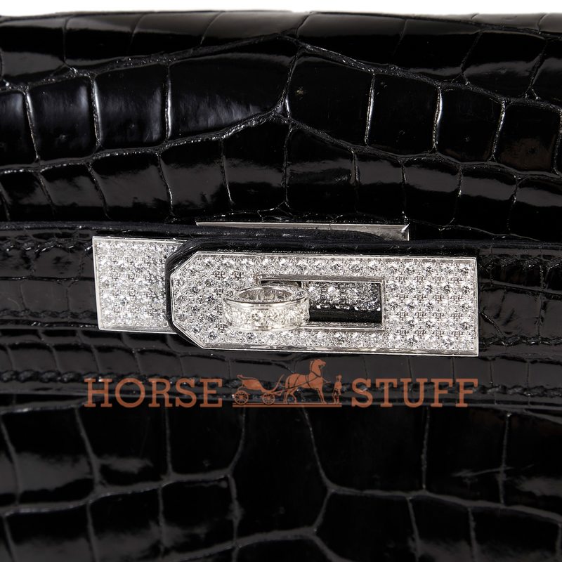 Hermès Kelly Cut Clutch Black Lisse Crocodile Porosus White 18K Gold, Diamonds