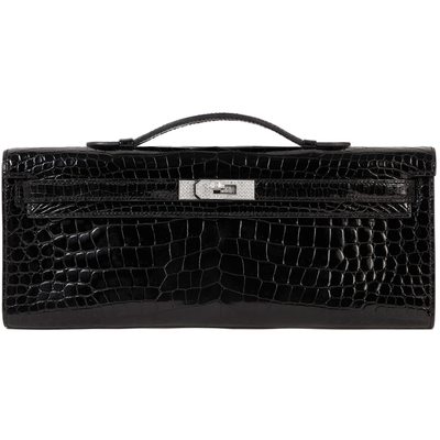 Hermès Kelly Cut Clutch Black Lisse Crocodile Porosus White 18K Gold, Diamonds 