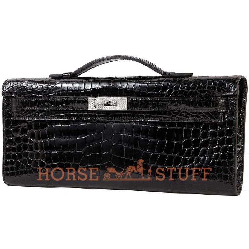 Hermès Kelly Cut Clutch Black Lisse Crocodile Porosus White 18K Gold, Diamonds