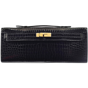 Hermès Kelly Cut Clutch Black Lisse Crocodile Porosus GHW