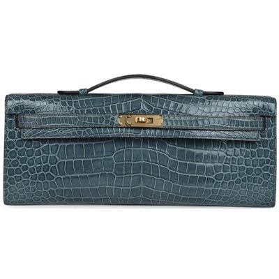 Hermès Kelly Cut Clutch Blue Jean Shiny Crocodile Porosus GHW