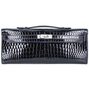 Hermès Kelly Cut Clutch Blue Marine Lisse Crocodile Porosus White 18K Gold, Diamonds 