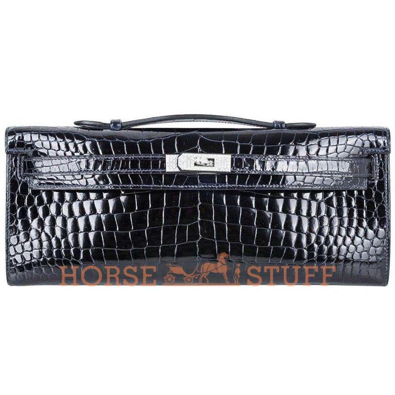 Hermès Kelly Cut Clutch Blue Marine Lisse Crocodile Porosus White 18K Gold, Diamonds