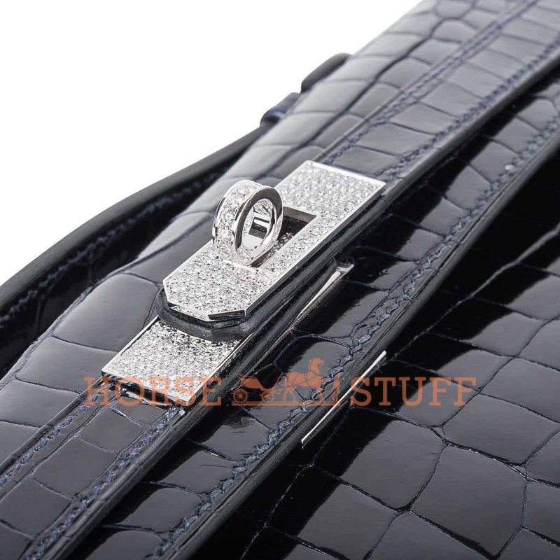 Hermès Kelly Cut Clutch Blue Marine Lisse Crocodile Porosus White 18K Gold, Diamonds