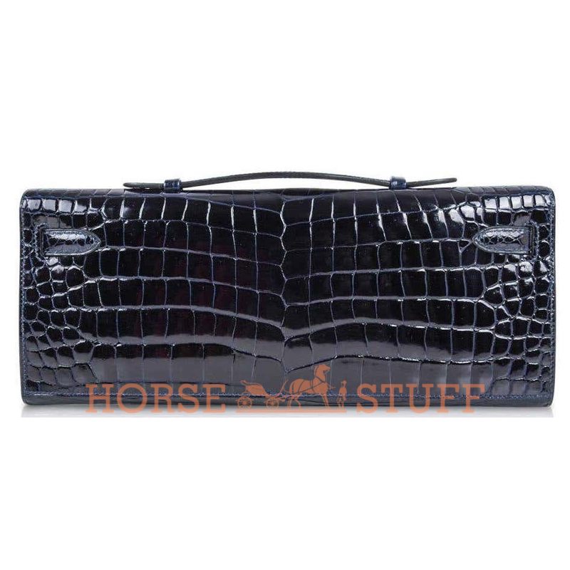 Hermès Kelly Cut Clutch Blue Marine Lisse Crocodile Porosus White 18K Gold, Diamonds