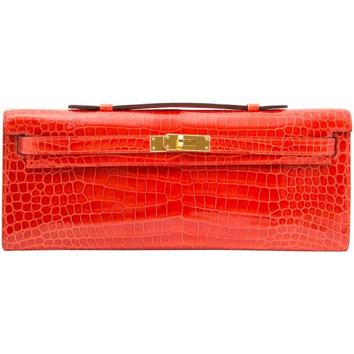 Hermes Kelly Cut Clutch Blue Colvert Crocodile Gold Hardware