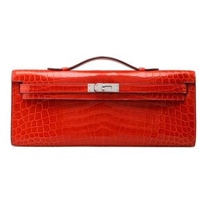 Hermes Kelly Cut Clutch Gris Tourterelle Shiny Porosus Crocodile Gold  Hardware