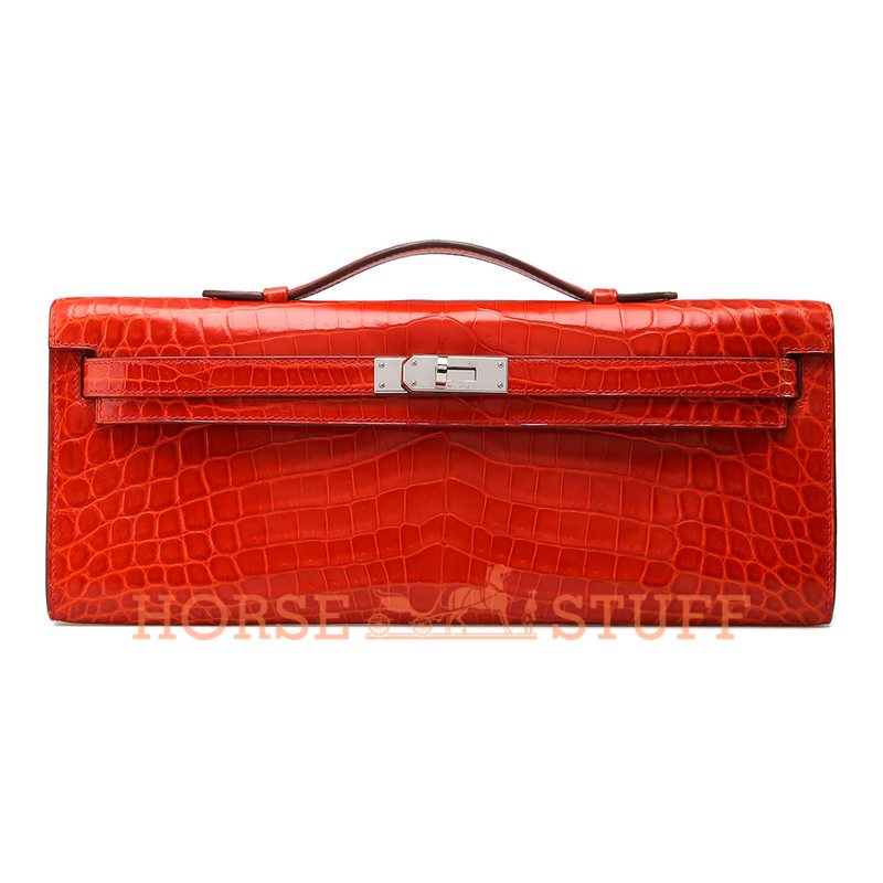 Hermès Kelly Cut Clutch Geranium Lisse Crocodile Niloticus PHW