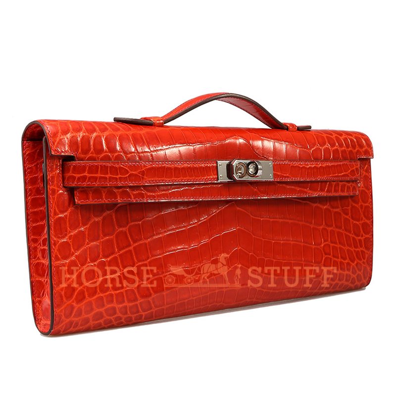 Hermès Kelly Cut Clutch Geranium Lisse Crocodile Niloticus PHW