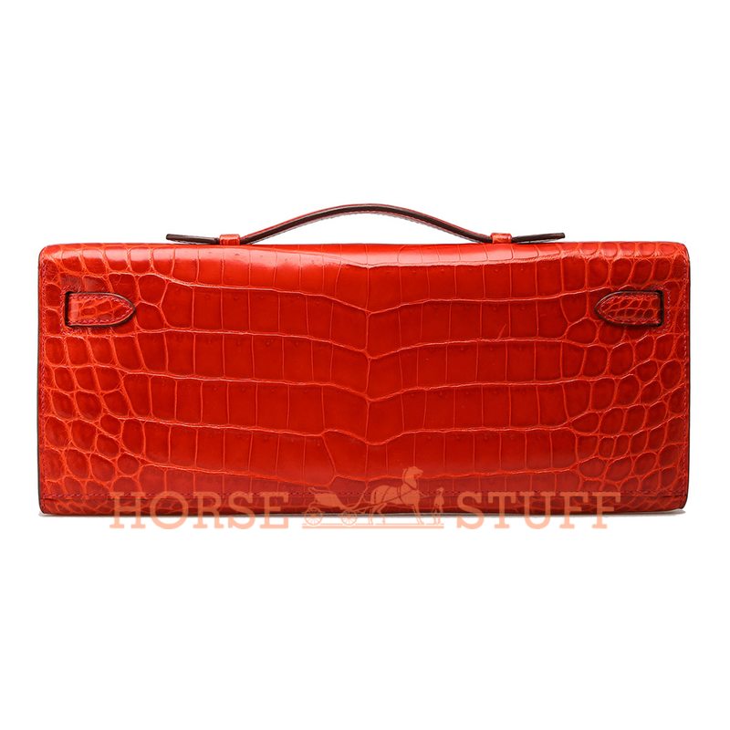 Hermès Kelly Cut Clutch Geranium Lisse Crocodile Niloticus PHW