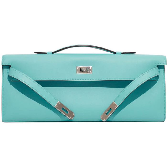 Hermès Kelly Cut Clutch Blue Atoll Swift PHW from 100% authentic materials!