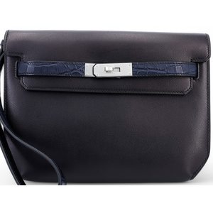 Hermès Kelly Depeches 25 Pouch Touch Ebene Evergrain / Matte Blue Nuit Matte Crocodile Alligator PHW