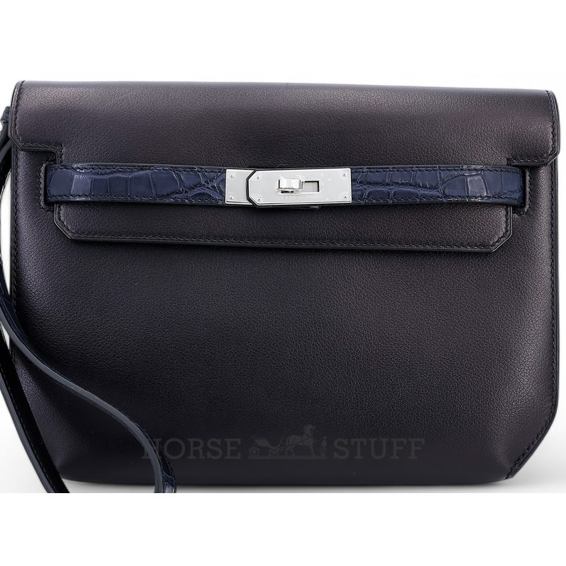Hermès Kelly Depeches 25 Pouch Touch Ebene Evergrain / Matte Blue Nuit Matte Crocodile Alligator PHW