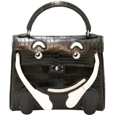 Hermès Limited Edition Super Rare Kelly Doll Quelle Idole Black Matte Crocodile Alligator / White Swift PHW