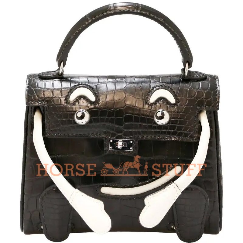 Hermès Limited Edition Super Rare Kelly Doll Quelle Idole Black Matte Crocodile Alligator / White Swift PHW