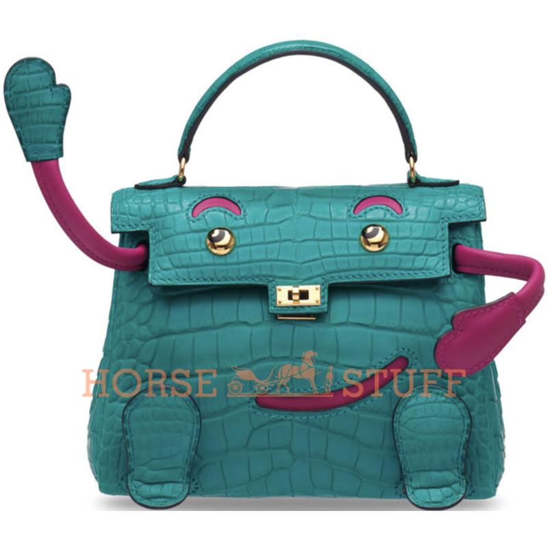 Hermès Limited Edition Super Rare Kelly Doll Quelle Idole Blue Paon Matte Crocodile Alligator / Rose Pourpre Swift GHW