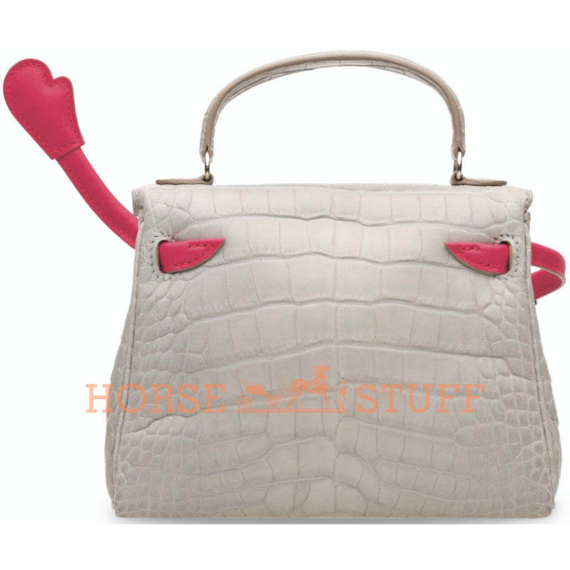 Hermès Limited Edition Super Rare Kelly Doll Quelle Idole Gris Perle Matte Crocodile Alligator / Rose Extreme Swift PHW