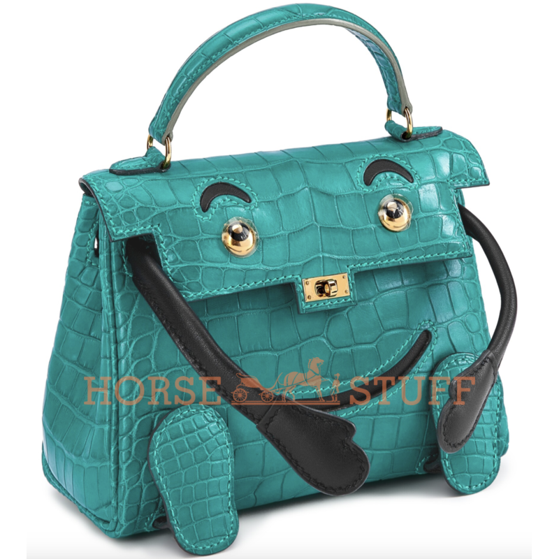 Hermès Limited Edition Super Rare Kelly Doll Quelle Idole Malachite Matte Crocodile Alligator / Black Swift GHW