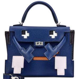 Hermès Limited Edition Super Rare Kelly Quelle Idole Picto Blue Sapphire / Mauve Pale / Gold / Black Epsom / Matte Crocodile Alligator PHW