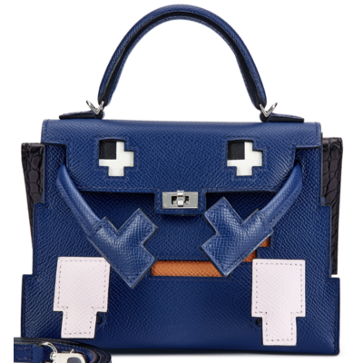 Hermès Limited Edition Super Rare Kelly Quelle Idole Picto Blue Sapphire / Mauve Pale / Gold / Black Epsom / Matte Crocodile Alligator PHW