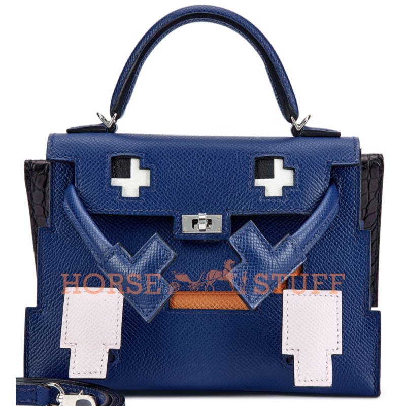 Hermès Limited Edition Super Rare Kelly Quelle Idole Picto Blue Sapphire / Mauve Pale / Gold / Black Epsom / Matte Crocodile Alligator PHW