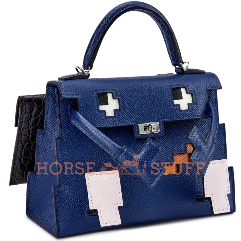 Hermès Limited Edition Super Rare Kelly Quelle Idole Picto Blue Sapphire / Mauve Pale / Gold / Black Epsom / Matte Crocodile Alligator PHW