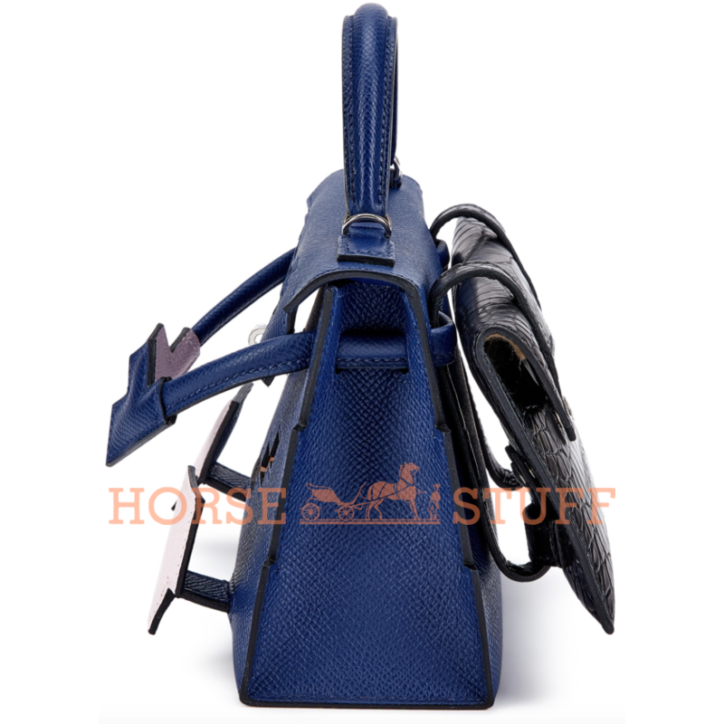 Hermès Limited Edition Super Rare Kelly Quelle Idole Picto Blue Sapphire / Mauve Pale / Gold / Black Epsom / Matte Crocodile Alligator PHW