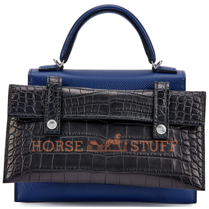 Hermès Limited Edition Super Rare Kelly Quelle Idole Picto Blue Sapphire / Mauve Pale / Gold / Black Epsom / Matte Crocodile Alligator PHW