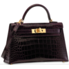 Hermès Kelly Sellier Mini II Aubergine Lisse Crocodile Alligator GHW