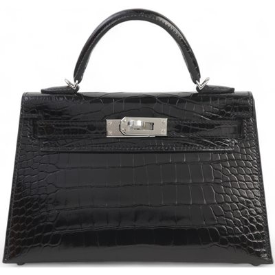 Hermès Kelly Sellier Mini II Black Shiny Crocodile Alligator PHW