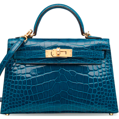 Hermès Kelly Sellier Mini II Blue Izmir Lisse Crocodile Alligator GHW