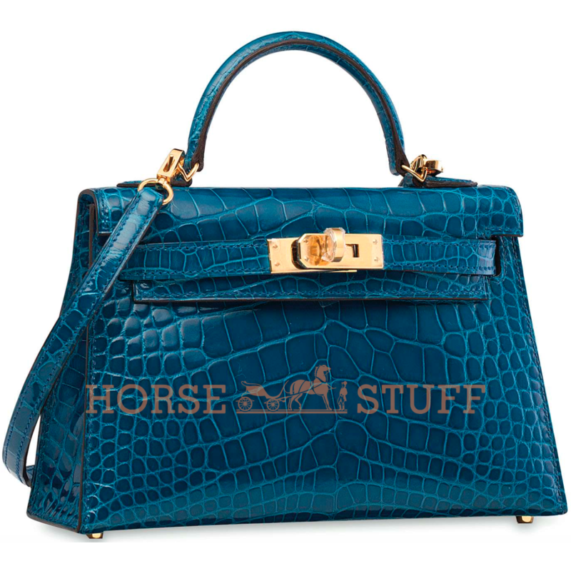 Hermès Kelly Sellier Mini II Blue Izmir Lisse Crocodile Alligator GHW