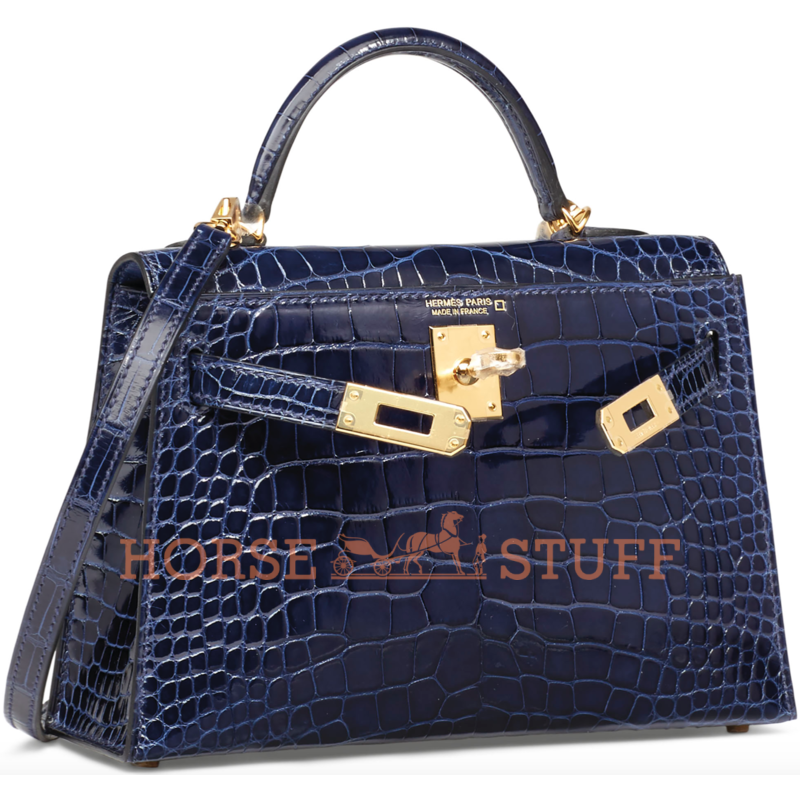 Hermès Kelly Sellier Mini II Blue Sapphire Lisse Crocodile Alligator GHW